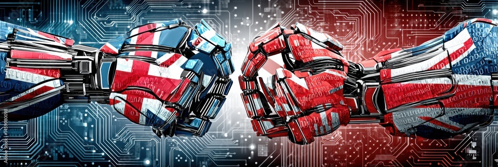 Poster tech robots draped in national flags engaging in a digital confrontation over circuit boards during 