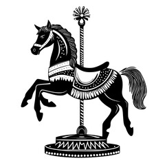 Decorative black icon of a carousel horse, symbolizing fun fairs and nostalgic childhood memories