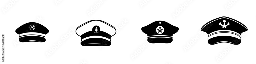 Poster various flat black icons representing military and naval hats in a simple, recognizable style for us
