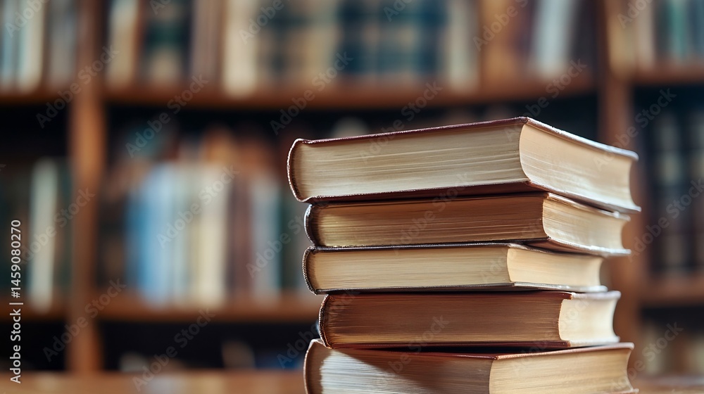 Poster stack of vintage hardback books on a wooden table, blurred library bookshelf background. a close-up 