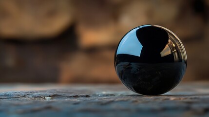 A perfectly smooth, obsidian black sphere rests delicately on a rough, textured stone surface, reflecting a blurred background of warm brown tones. : Generative AI