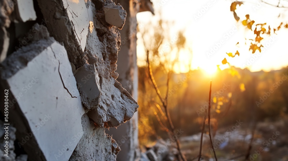 Poster Close-up view of a crumbling concrete wall at sunset, showing textured fragments and a blurred autumnal background with golden light. : Generative AI