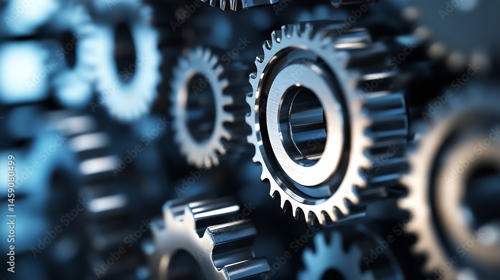 Poster Close-up of interlocking metal gears, showcasing intricate details and a cool, metallic blue tone.  The image suggests precision engineering and complex machinery. : Generative AI