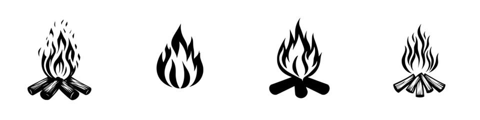 Icons depicting various styles of campfire flames arranged in a flat black design on a white background