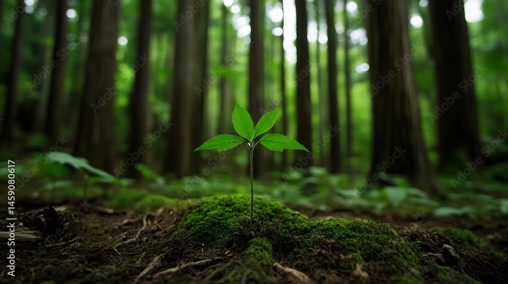 Poster a small green sprout emerges from the mossy forest floor, surrounded by tall, dark trees creating a 