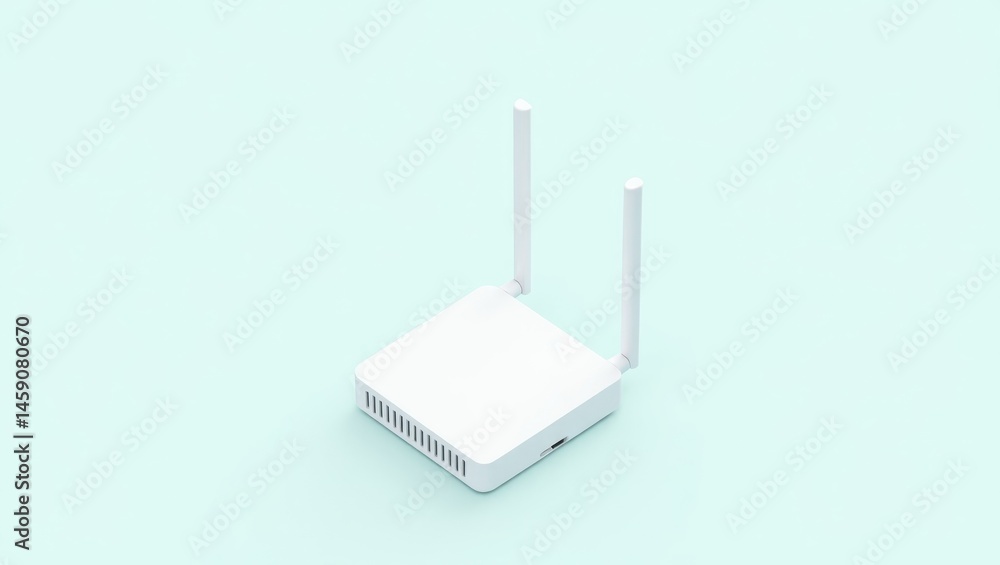 Poster wifi 7 router. modem isolation station. isolated 2d isometric illustration. lone wifi router sits is