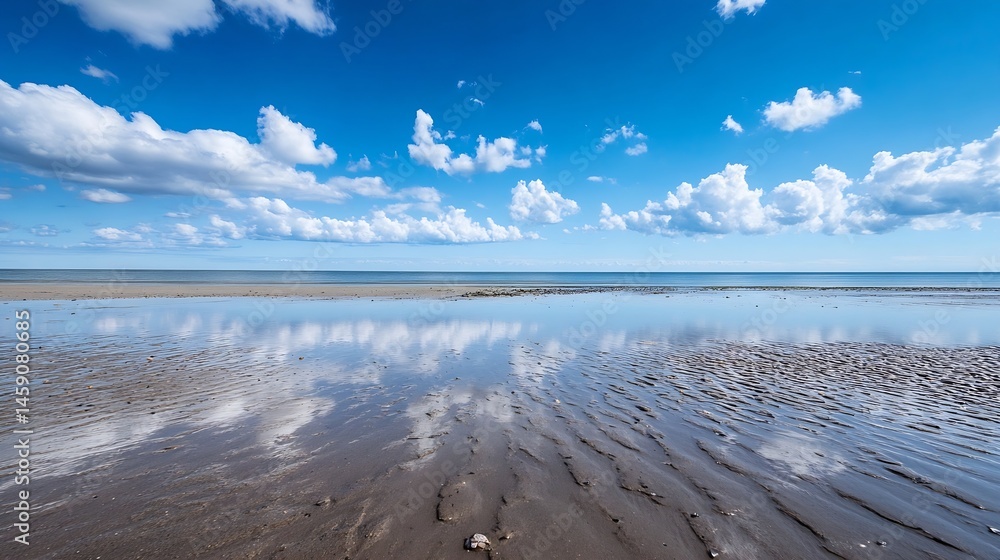 Poster serene coastal scene featuring a tranquil beach with the reflection of fluffy clouds in the calm, sh