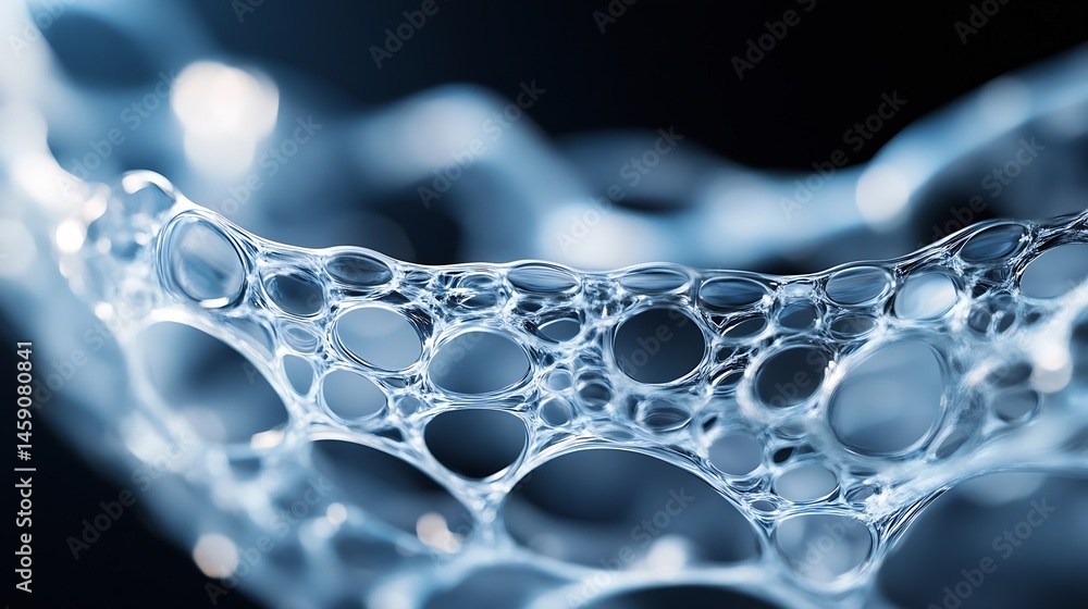Poster Abstract blue network of interconnected bubbles, resembling a cellular structure or foam, with a dark background, showcasing intricate details and a three-dimensional effect. : Generative AI