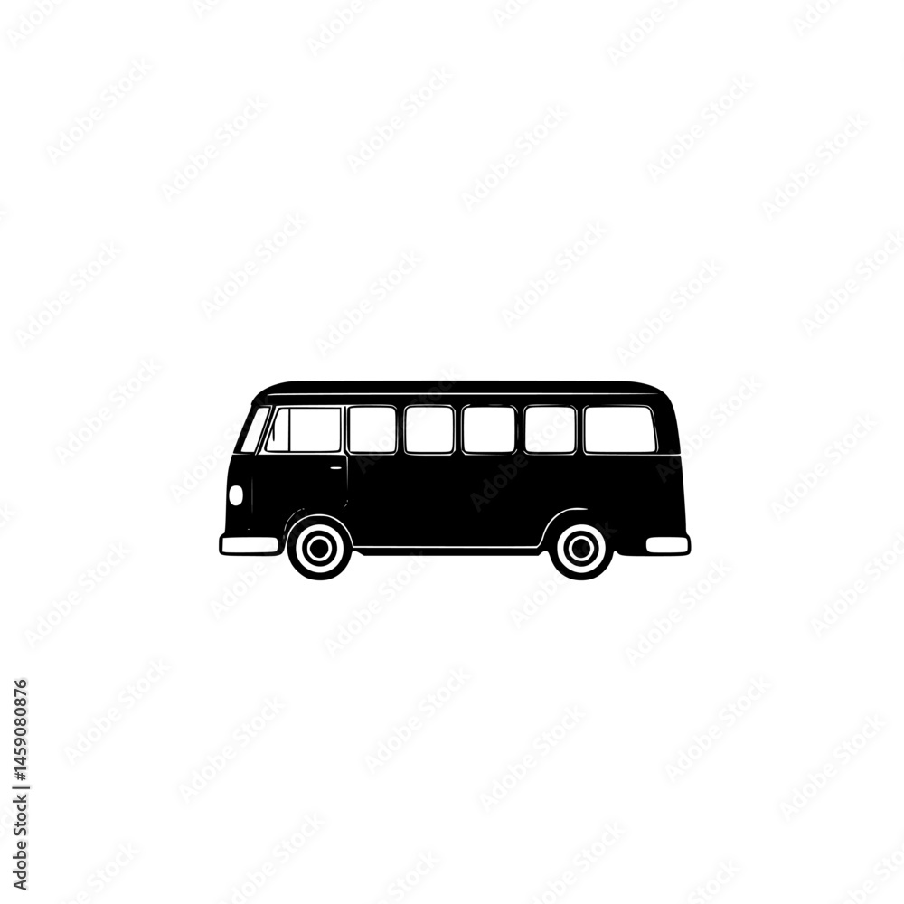 Poster flat black icon of a vintage bus designed for digital applications and graphics