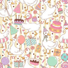 Happy Birthday Party Silly Goose Seamless Pattern Isolated on Yellow Long Stripes Background Vector