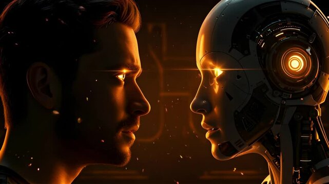 Dramatic Faceoff Between AI Robot and Human Surrounded by Fire and Water Elements &ndash; Sci-Fi Concept Art