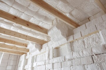 Close-up detail of house room interior under construction and renovation. Energy saving walls of hollow foam insulation blocks, wooden ceiling beams for roof frame