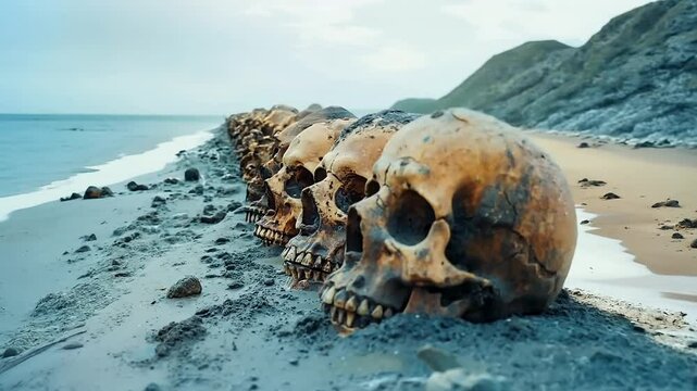 A row of skulls sitting on top of a sandy beach