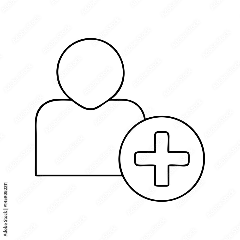 Poster user icon with plus sign for add action, contour icon, thin line