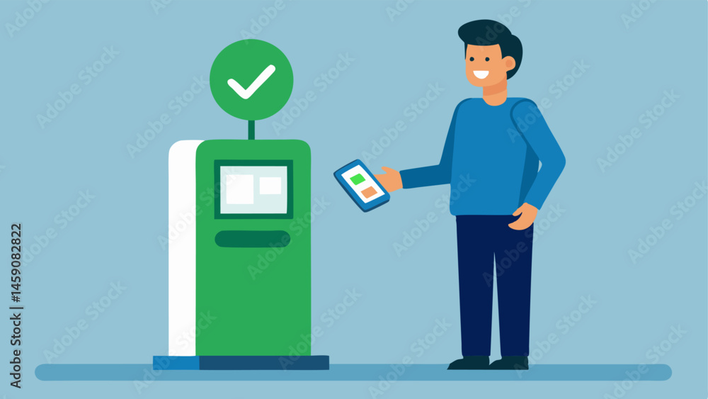 Poster facial recognition payment a customer standing in front of a smart kiosk that uses facial recognitio