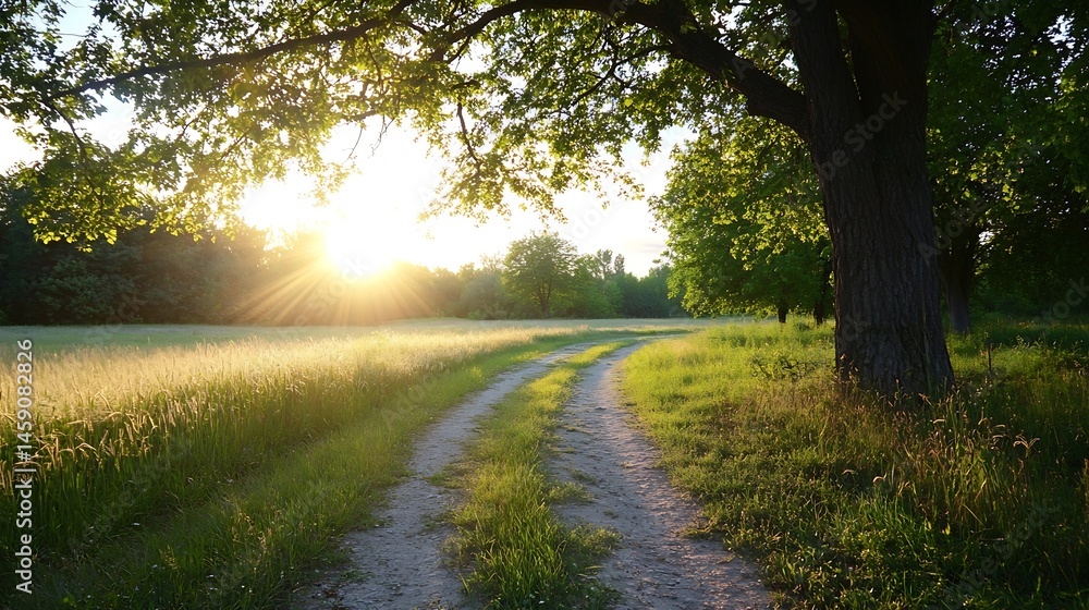 Poster sunset illuminates a dirt road winding through a field of tall grass, bordered by lush green trees c