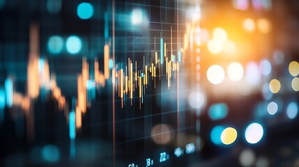 Abstract financial chart data visualization on a screen, showing candlestick patterns with orange and blue tones, overlaid with blurred city lights bokeh effect at night. : Generative AI