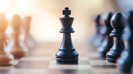A single black chess king stands prominently on a board, surrounded by blurred opponent pieces, symbolizing leadership, strategy, and the game's decisive moments. : Generative AI