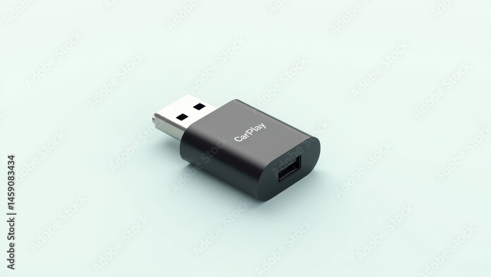 Poster wireless carplay adapter. automated connectivity.. isolated 2d isometric illustration. sleek usb ada