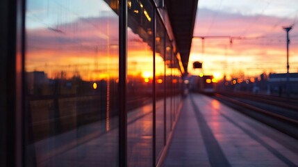 Fototapeta premium Sunset reflected in the glass panels of a modern train station platform, showcasing a blurred cityscape and the warm colors of the evening sky. : Generative AI