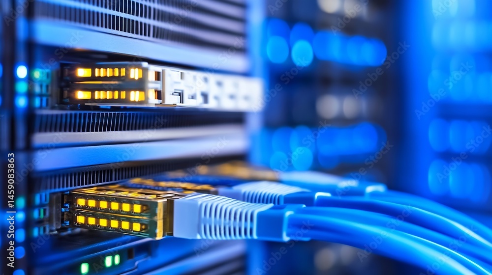 Poster Close-up view of fiber optic cables connected to a server rack, showcasing illuminated network ports and blue cables in a data center environment. : Generative AI