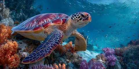 Obraz premium Underwater scene features a sea turtle resting on a vibrant coral reef with orange, red, and purple hues, surrounded by small fish in deep blue water, detailed shell texture. 