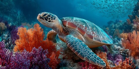 Fototapeta premium Underwater scene features a sea turtle resting on a vibrant coral reef with orange, red, and purple hues, surrounded by small fish in deep blue water, detailed shell texture. 
