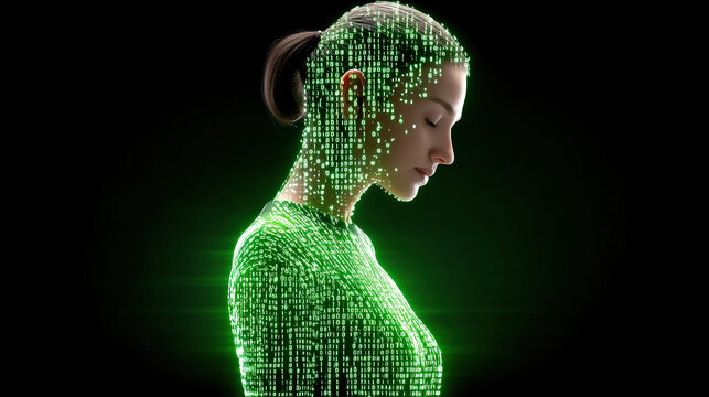 A woman's form is subtly depicted, her body composed of glowing green binary code, suggesting a digital or technological transformation of the human form.