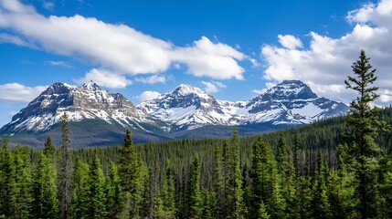 Obraz premium Majestic snow-capped mountain peaks rise above a dense evergreen forest under a vibrant blue sky, creating a breathtaking natural landscape. : Generative AI