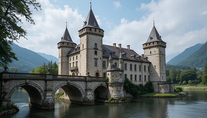 Fototapeta premium Classic European Castle with Stone Towers and Bridge