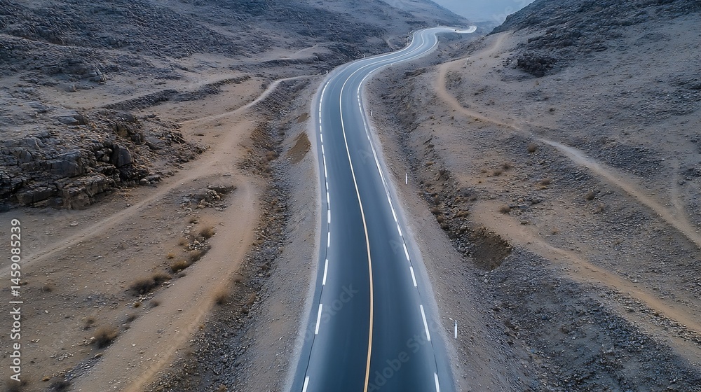 Poster aerial view of a winding asphalt road cutting through a desolate, rocky desert landscape under a haz