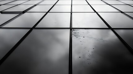 Abstract grayscale image of a modern building's glass facade, showcasing a grid pattern of rectangular panels reflecting a cloudy sky.  The perspective is from below, looking upward. : Generative AI