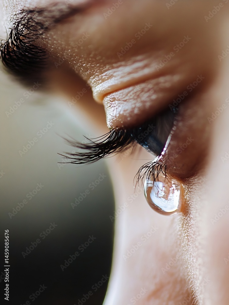 Aufkleber close-up of a single tear rolling down a woman's cheek, highlighting the delicate eyelashes and skin