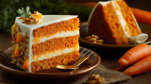Carrot Cake Delight: A mouthwatering slice of carrot cake, frosted with creamy white frosting and decorated with walnuts and fresh herbs.  The cake sits on a brown plate next to whole carrots.