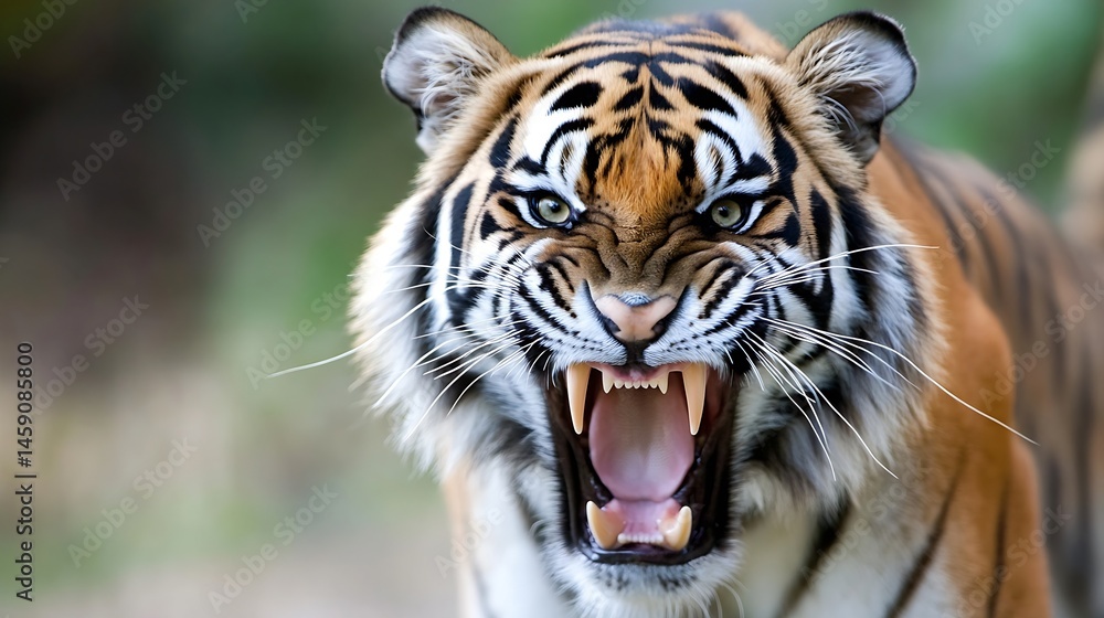 Poster close-up of a snarling sumatran tiger, its teeth bared in a fierce expression, set against a blurred