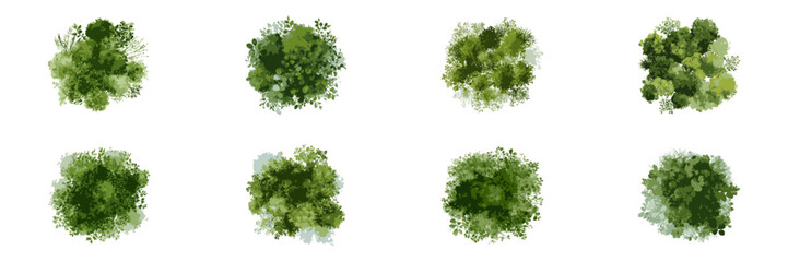 Collection of Overhead Shrubs and Green Bushes in Watercolor Style. Ideal for Garden Design, Eco Architecture, and Landscaping Layouts. Isolated Vector Illustration