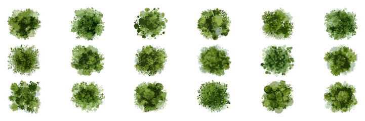 Set of Watercolor Bush Tops for Landscape Architecture and Urban Garden Planning. Eco-Friendly Nature Elements for Green Design Projects. Isolated Vector Illustration