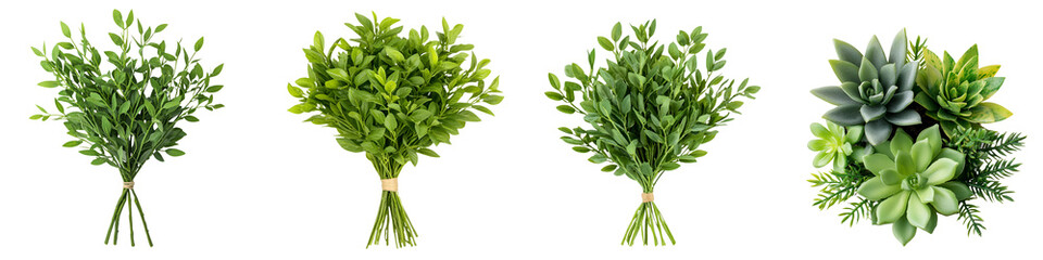 Assorted green foliage bouquets and succulent arrangement