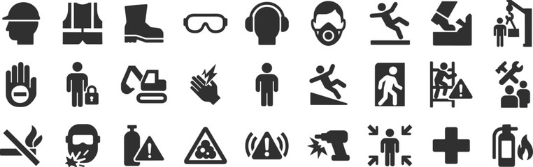 Construction site hazard glyph icon set. Vector pictograms of goggles, ear protection, respirator, mask, drill, emergency, assembly, fire, black sign silhouette illustration.