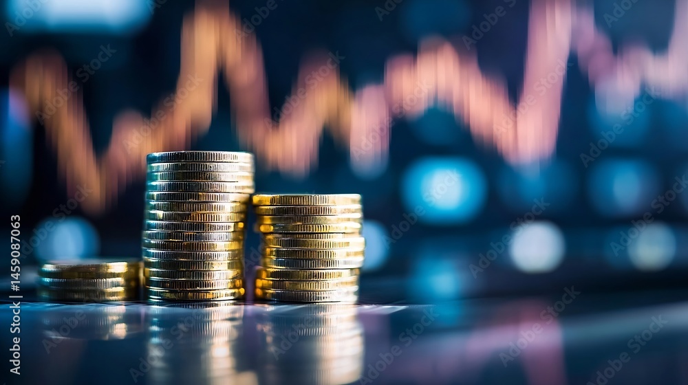 Poster stacks of gold coins sit on a reflective surface against a blurred background of a stock market grap