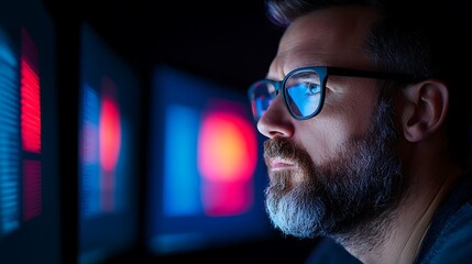 Focused Data Analyst Studying Data on Computer Screens at Night