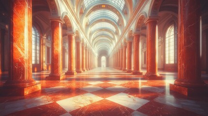 Grand hall with marble columns and checkered floor
