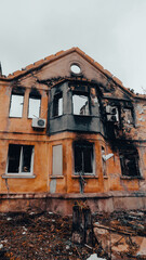 ruined street and destroyed houses in Ukraine
