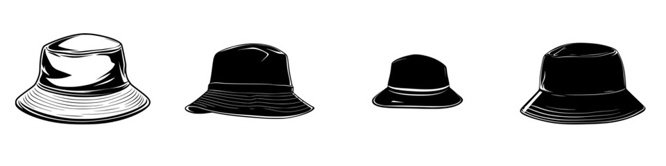 Collection of flat black bucket hats showcasing various styles and designs on a plain background
