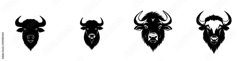 Poster various flat black icons depicting stylized bison heads with distinct features and expressions showc