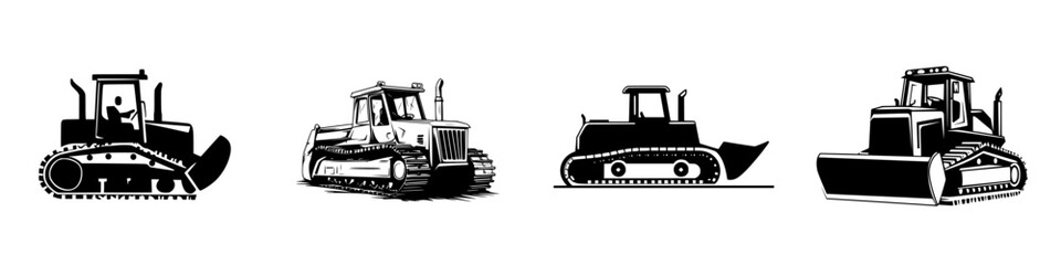 Flat black icons represent various types of bulldozers used in construction and earthmoving activities in industrial settings © Антон Сальников