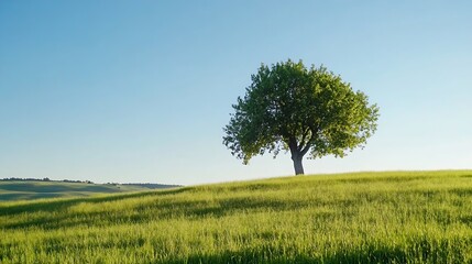 Obraz premium Single tree standing in a vast green field under a clear blue sky, idyllic summer landscape. : Generative AI