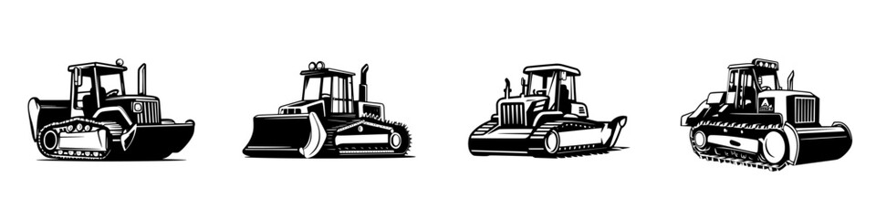 Flat black icon set featuring various types of bulldozers for construction and earthmoving applications