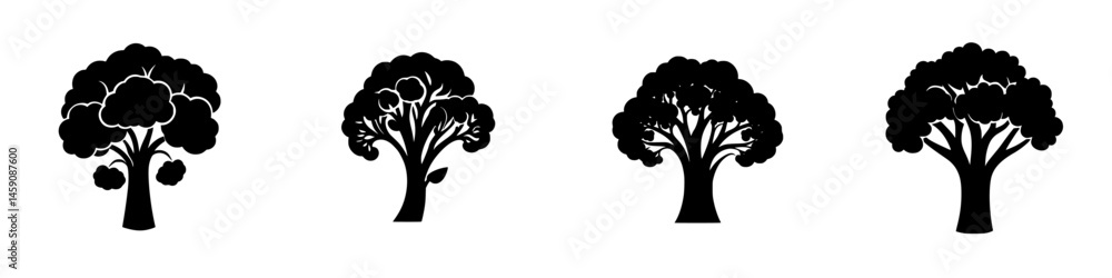 Poster various flat black tree icons representing different styles and shapes in a minimalist design
