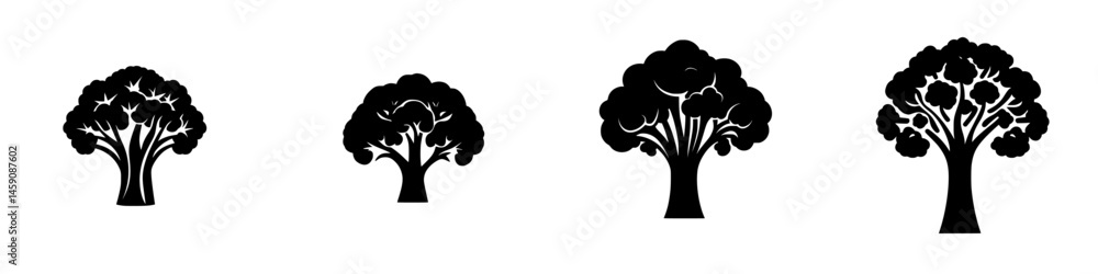 Poster iconic representation of various tree shapes in flat black style showcasing diversity in tree design